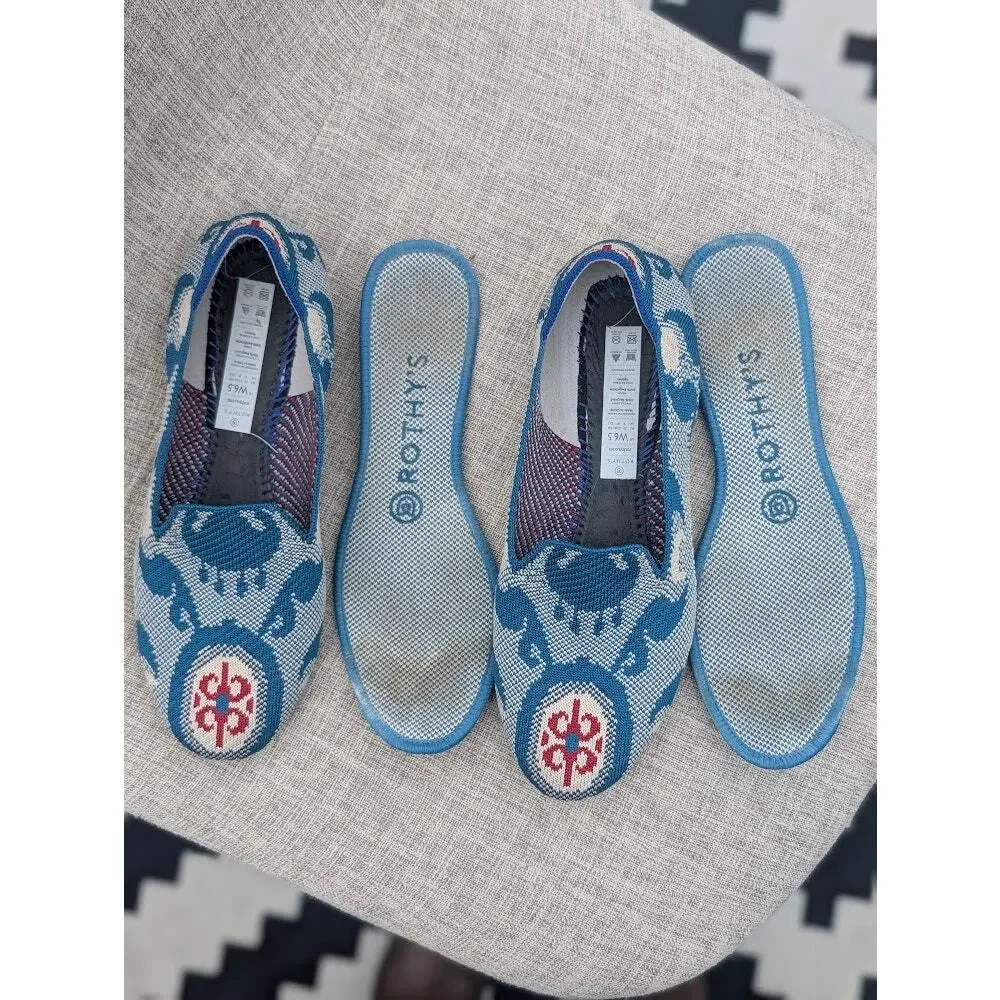 Rothy's Blue White Patterned Flats with Red Accents - Picture 7 of 9